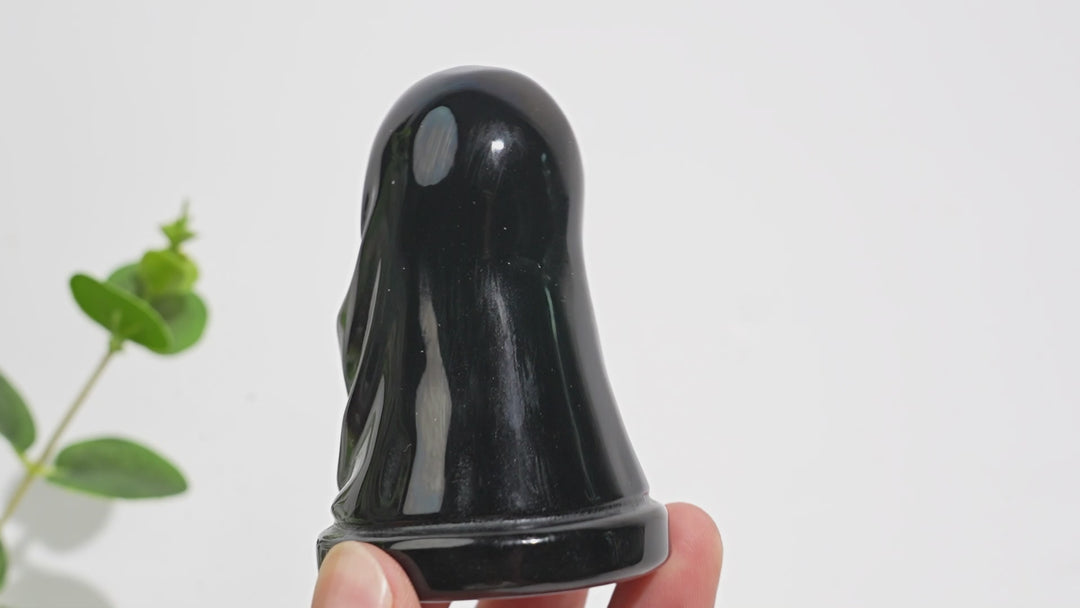 Natural Crystal Carving Black Obsidian Smiling Ghost With Pumpkin