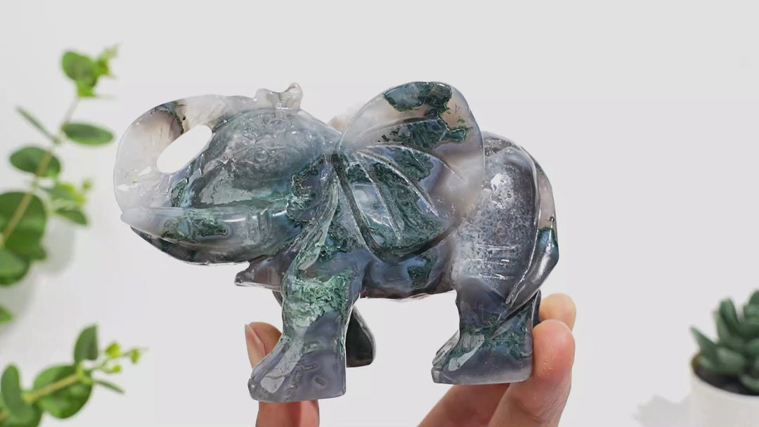 Unique,Natural Moss Agate Elephant Carving