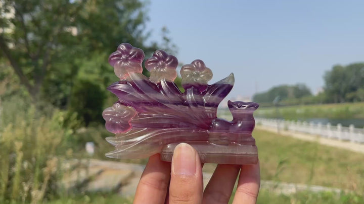 Unique,Natural Crystal Carving Fluorite Nine-Tailed Fox With Blooms