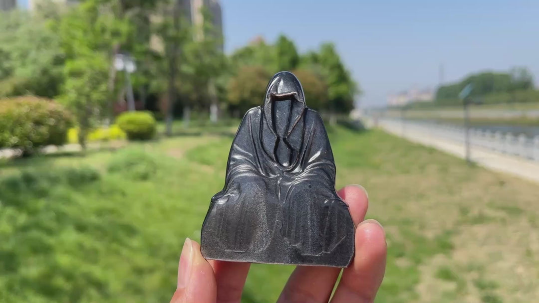 Natural Silver Obsidian Grim Reaper Carving