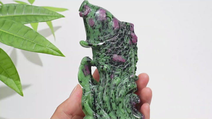 Unique,Natural Crystal Ruby In Zoisite Koi Fish Carving