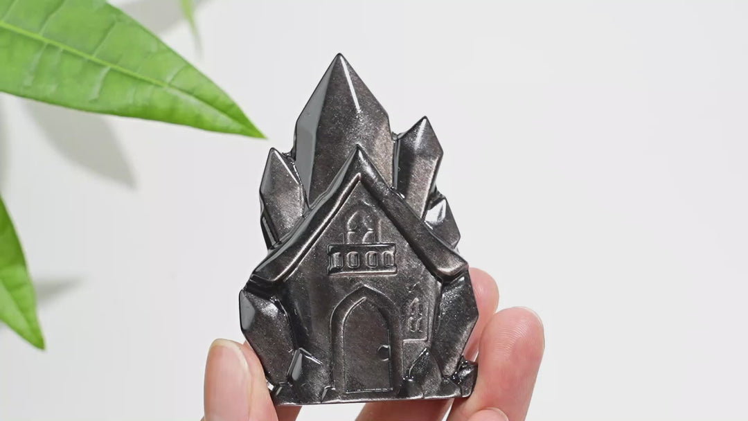 Natural Crystal Silver Obsidian House Carving