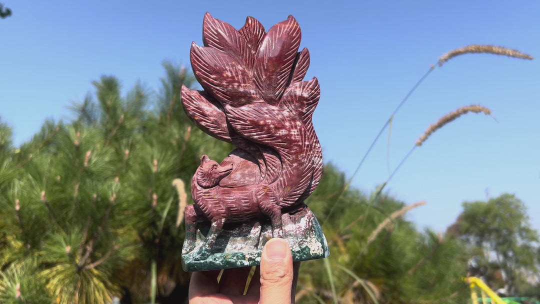 Unique Handmade Carving Ocean Jasper Nine-Tailed Fox