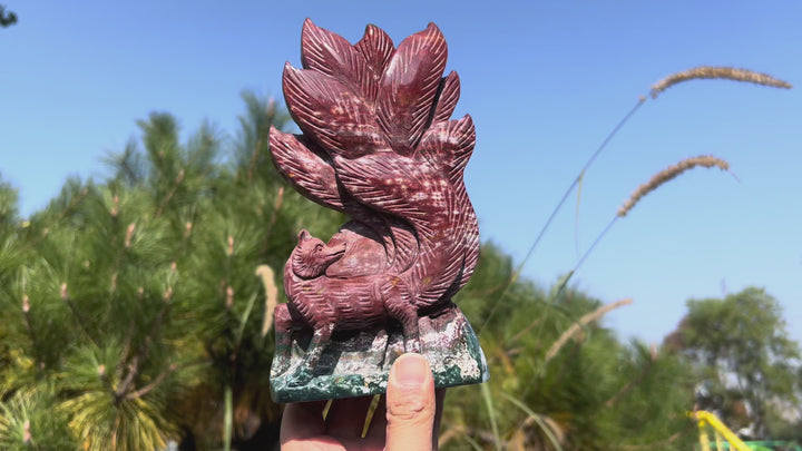 Unique Handmade Carving Ocean Jasper Nine-Tailed Fox