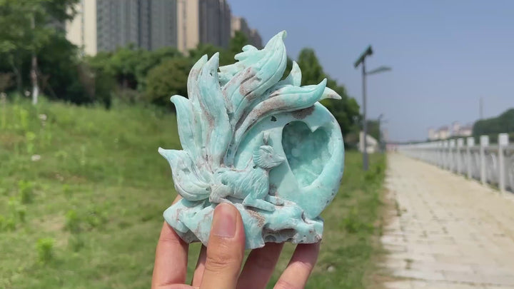 Unique,Natural Hemimorphite Nine-Tailed Fox With Heart Carving