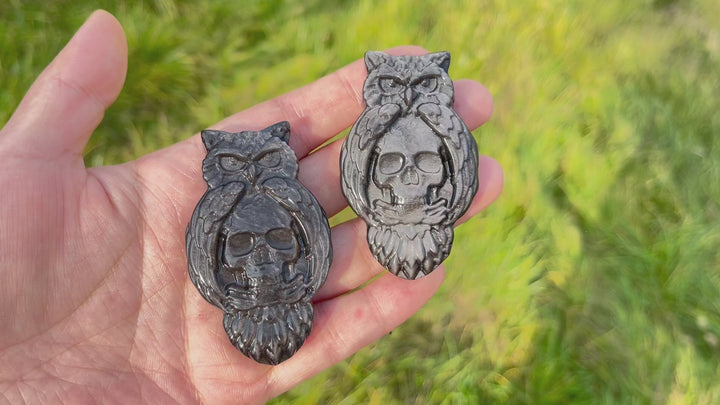 Natural Silver Obsidian Owl With Skull