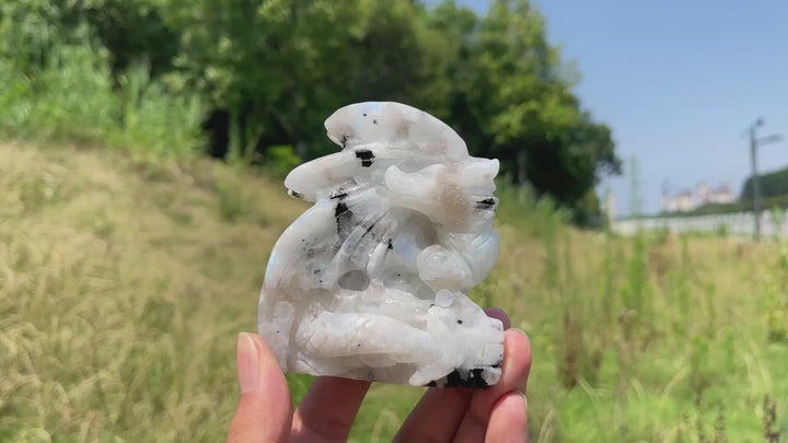 Unique,A Slightly Imperfect Natural Crystal Rainbow Moonstone Flying Dragon Carving