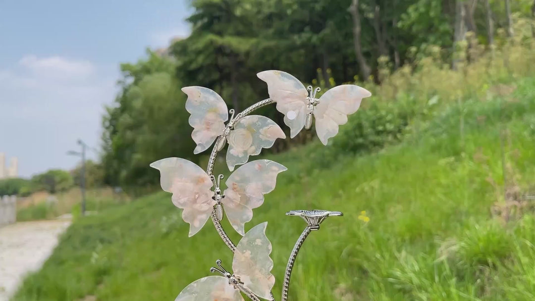 A Slightly Imperfect Natural Crystal Flower Agate Butterfly Sphere Stand