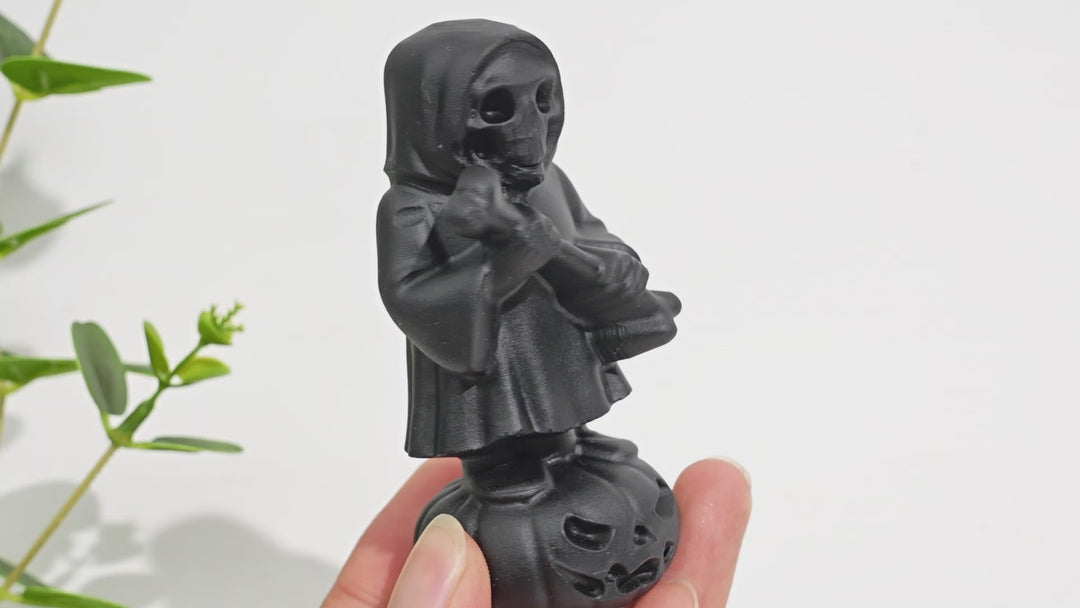 Natural Crystal Black Obsidian Grim Reaper On Pumpkin