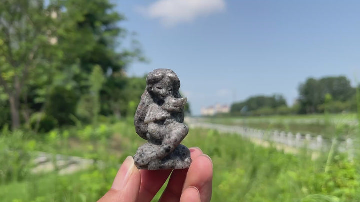 Natural Crystal Mermaid Holding Nine-Tailed Fox Carving