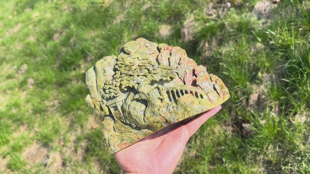 Unique,Natural Unakite Pine Tree Carving