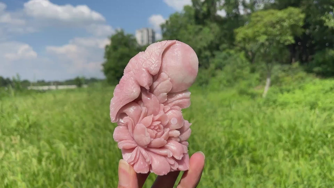 Unique,A Slightly Imperfect Natural Crystal Pink Opal Flower And Bird Carving