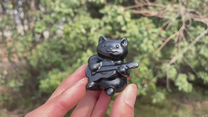 Natural Crystal Carved Black Obsidian Guitar Cat