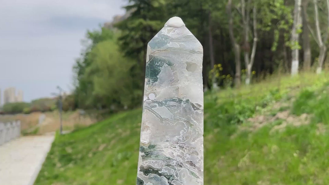 Unique,A Slightly Imperfect Crystal Natural Moss Agate Point