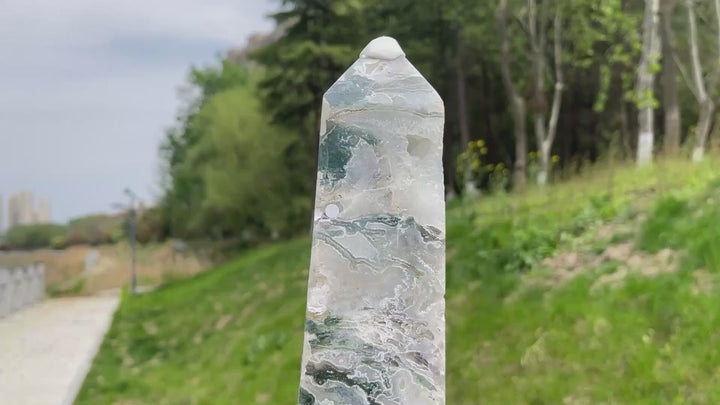 Unique,A Slightly Imperfect Crystal Natural Moss Agate Point