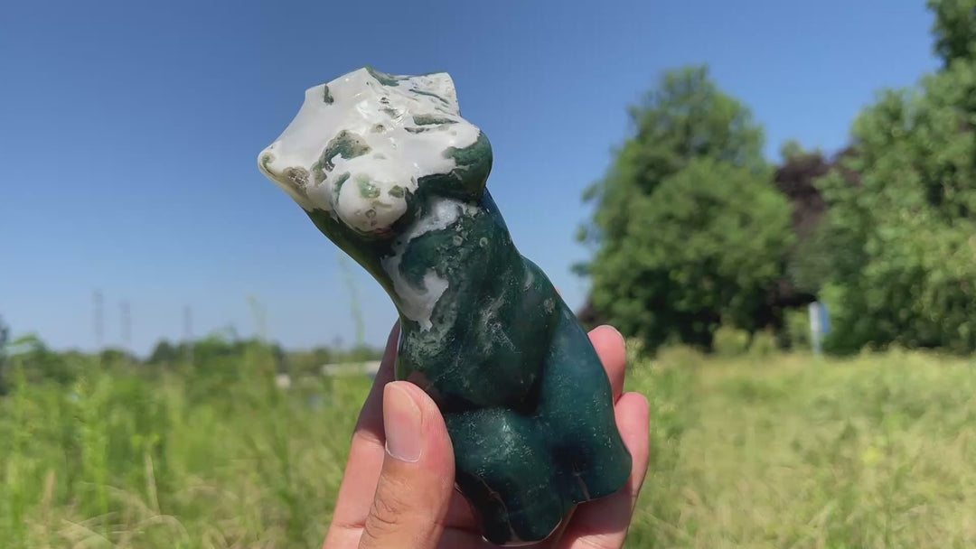 Unique,Natural Crystal Carving Moss Agate Goddess