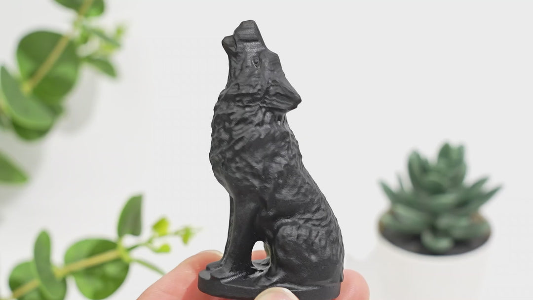 Natural Black Obsidian Howling Wolf Carving