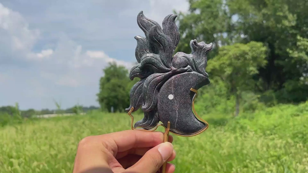 Unique,A Slightly Imperfect Nine‑Tailed Fox On Moon Carving