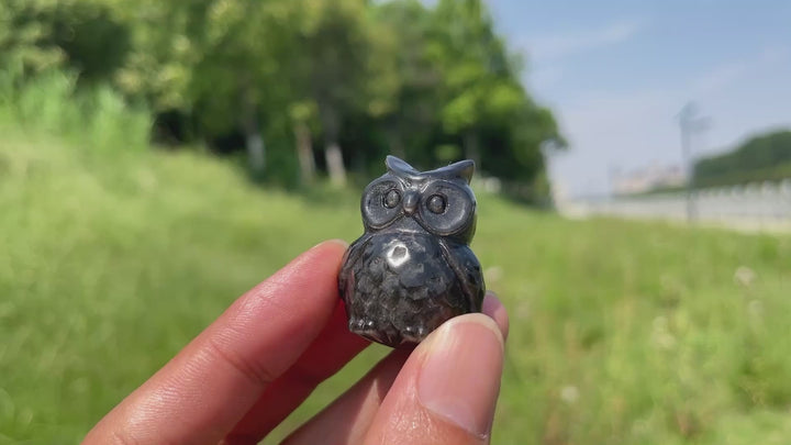 Natural Cute Silver Obsidian Owl Carving