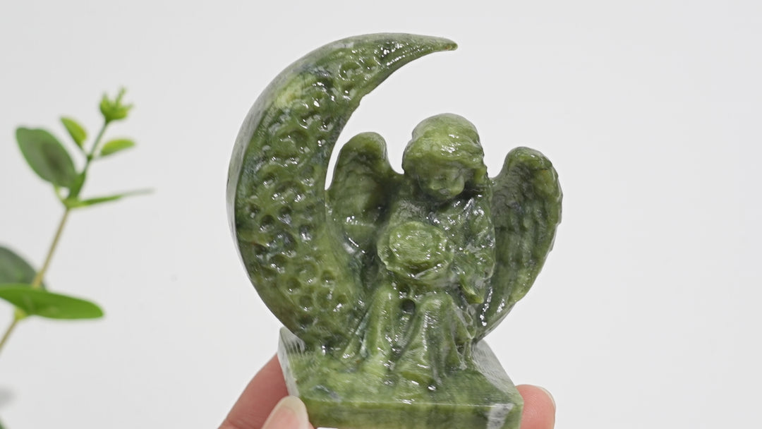 Natural Crystal Carving Moon Angel With Flower