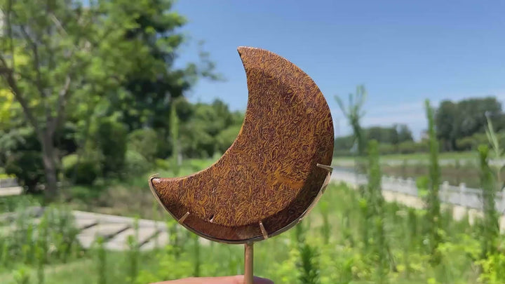 Unique,Natural Calligraphy Jasper Crescent Moon With Stand