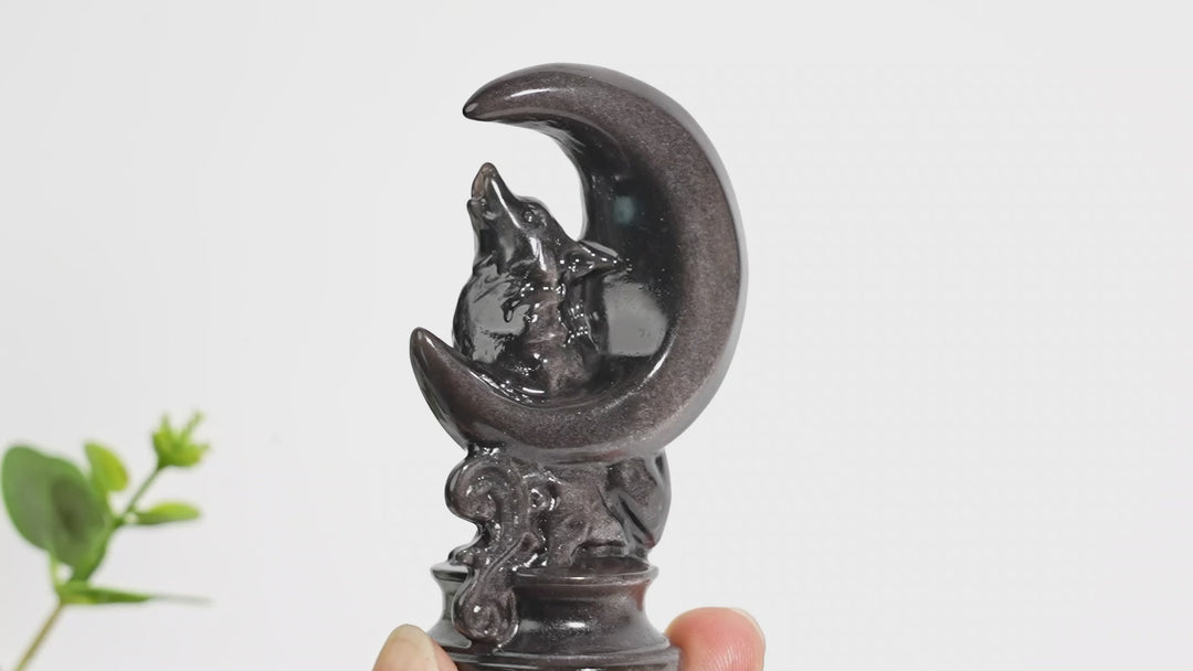 Natural Carving Silver Obsidian Moon Wolf