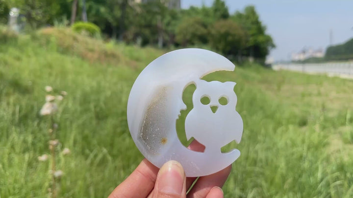 Natural Agate Geode Moon With Owl Carving