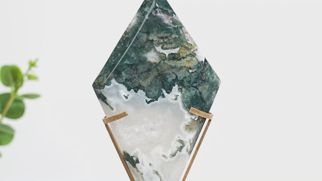 Unique,Natural Moss Agate Diamond Slice With Stand