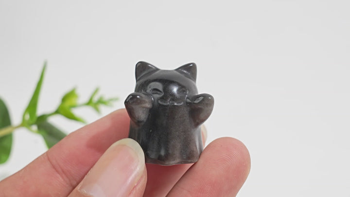Natural Crystal Cute Carving Silver Obsidian Ghost Cat