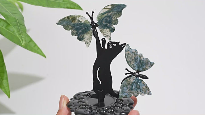 A Slightly Imperfect Natural Crystal Moss Agate Cat With Butterfly