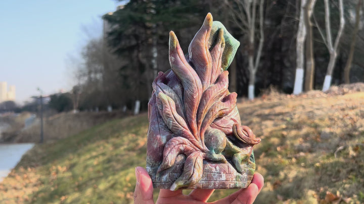 Unique Natural Carving Ocean Jasper Nine-Tailed Fox