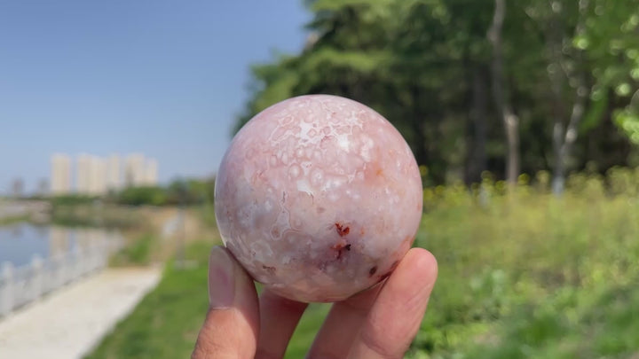 Unique,A Slightly Imperfect Natural Crystal Pink Flower Agate Sphere