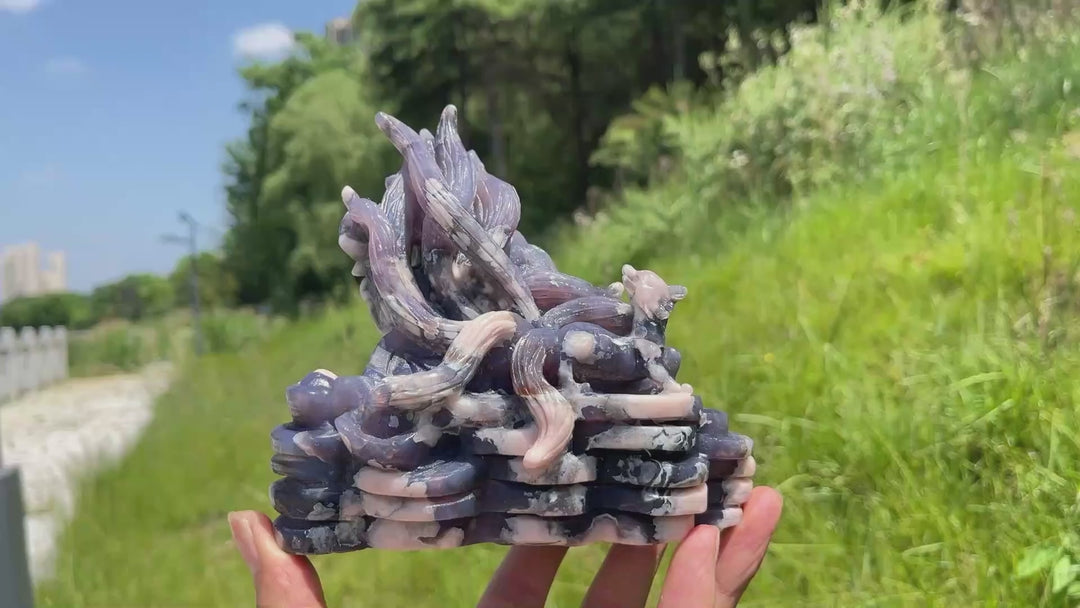 Unique,A Slightly Imperfect Natural Blue Flower Agate Nine-Tailed Fox Carving