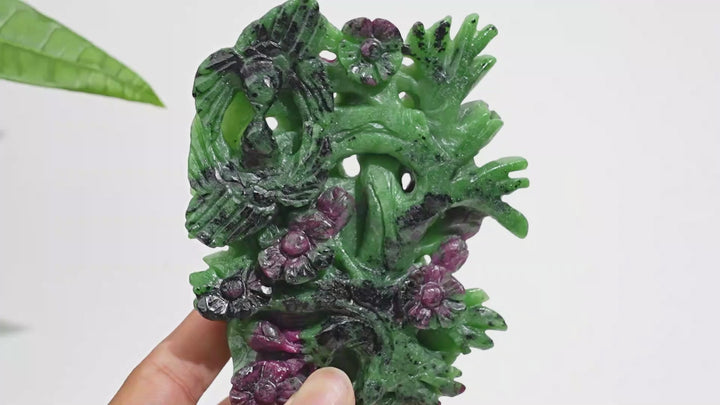 Unique,Natural Crystal Lush Ruby In Zoisite Bird With Blossom Carving