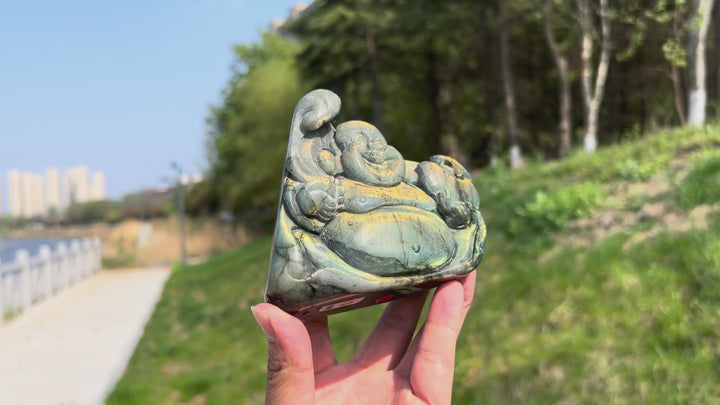Unique,A Slightly Imperfect Natural Labradorite Maitreya Buddha Carving