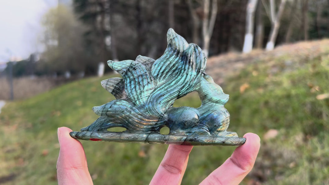 Unique Natural Labradorite Nine-Tailed Fox Carving