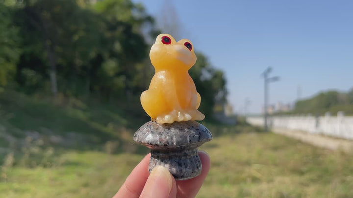 Natural Crystal Carving Big Eyed Frog On Mushroom
