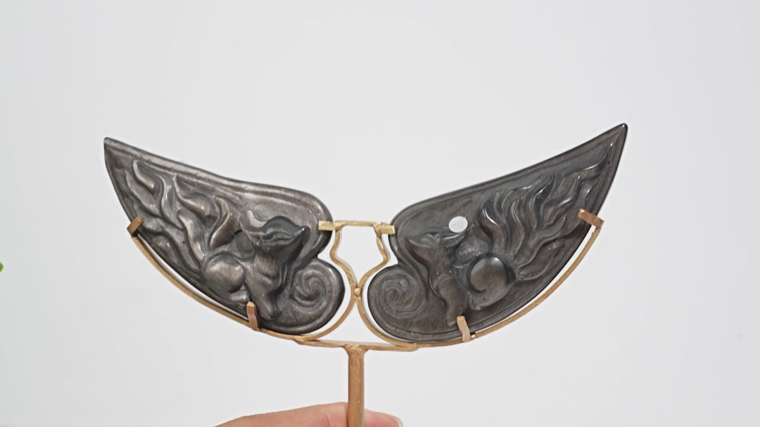 A Slightly Imperfect Natural Silver Obsidian Nine‑Tailed Fox Wings With Stand