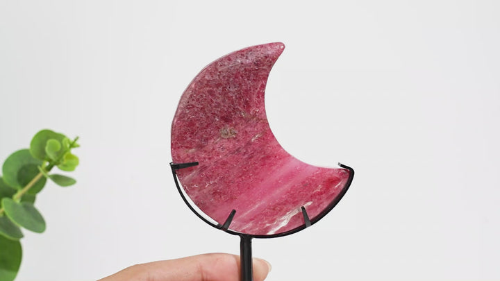 Unique,Natural Crystal Rhodonite In Quartz Moon With Stand