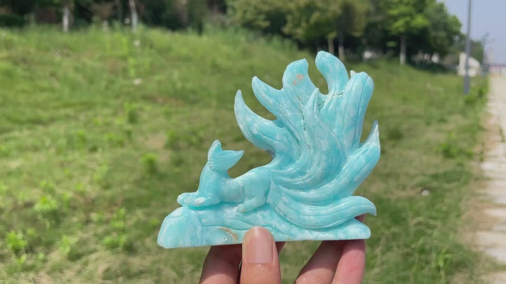 Unique,Natural Hemimorphite Looking back Nine-Tailed Fox Carving