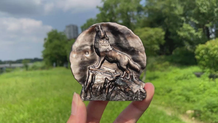 Natural Silver Obsidian Howling Wolf Plaque