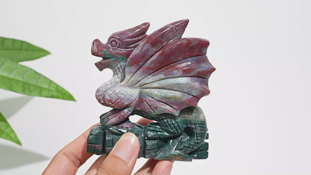 Unique,Natural Crystal Vibrant Ocean Jasper Flying Dragon Carving