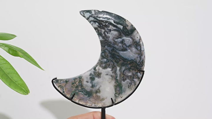 Unique,Natural Crystal Exquisite Moss Agate Moon With Stand