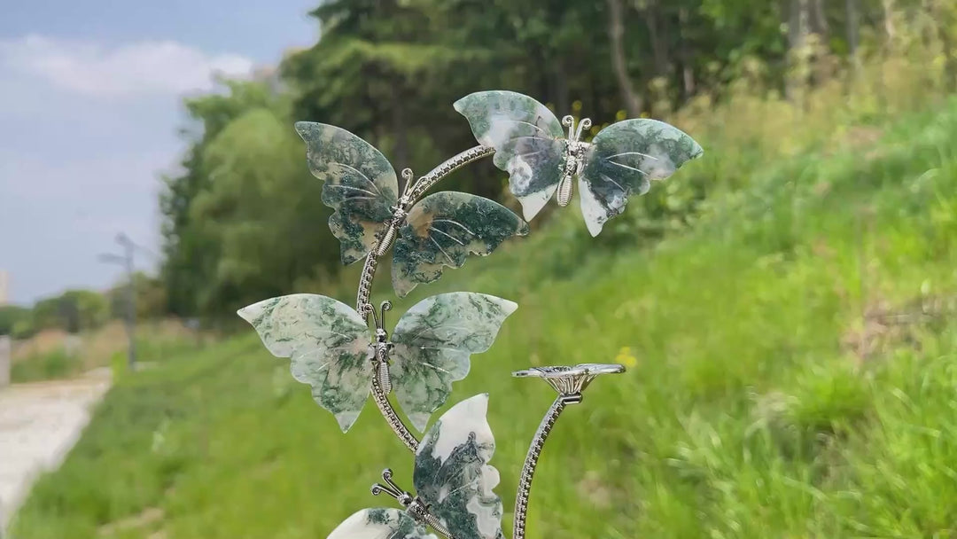 A Slightly Imperfect Natural Crystal Moss Agate Butterfly Sphere Stand
