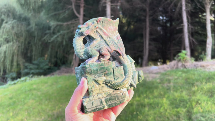 Unique Ocean Jasper Castle Dragon Carving