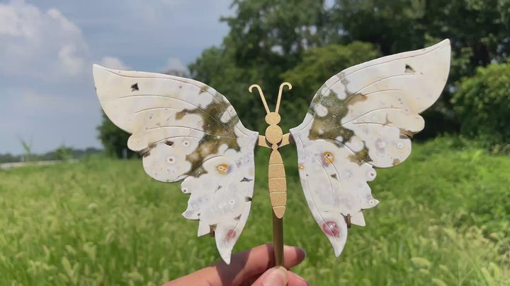 Unique,Natural Crystal Ocean Jasper Butterfly Wings With Stand
