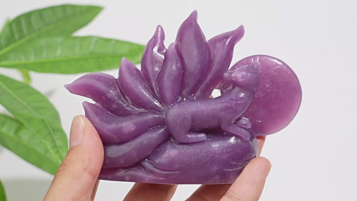 Unique,Natural Exquisite Crystal Lepidolite Nine-Tailed Fox Carving
