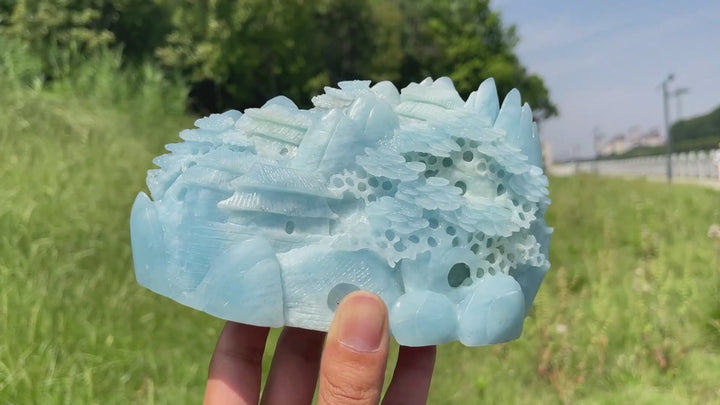 Unique,A Slightly Imperfect Natural Aquamarine Mountain Landscape Carving