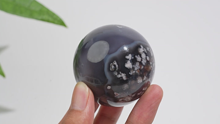 Natural Crystal Black Flower Agate Sphere