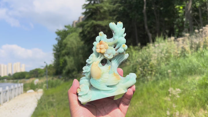 Unique,Natural Blue Quartzite Bird & Flower Carving